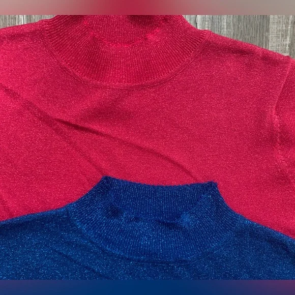 Vintage Sag Harbor Blue Sparkle Glitter Cropped Turtleneck Short Sleeve Top - Picture 2 of 10